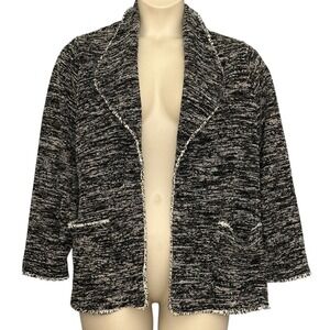 Max Studio Womens Jacket Plus 1X Black Tweed Fringed Open Front Blazer Coat